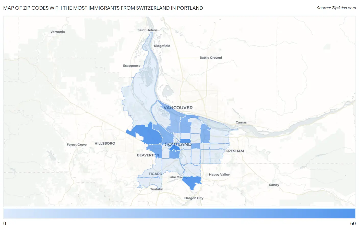 Zip Codes with the Most Immigrants from Switzerland in Portland Map