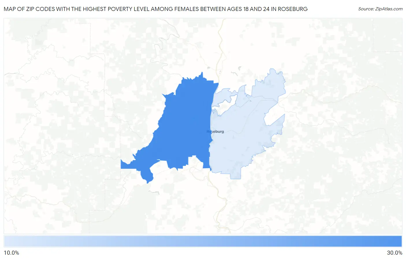 Zip Codes with the Highest Poverty Level Among Females Between Ages 18 and 24 in Roseburg Map