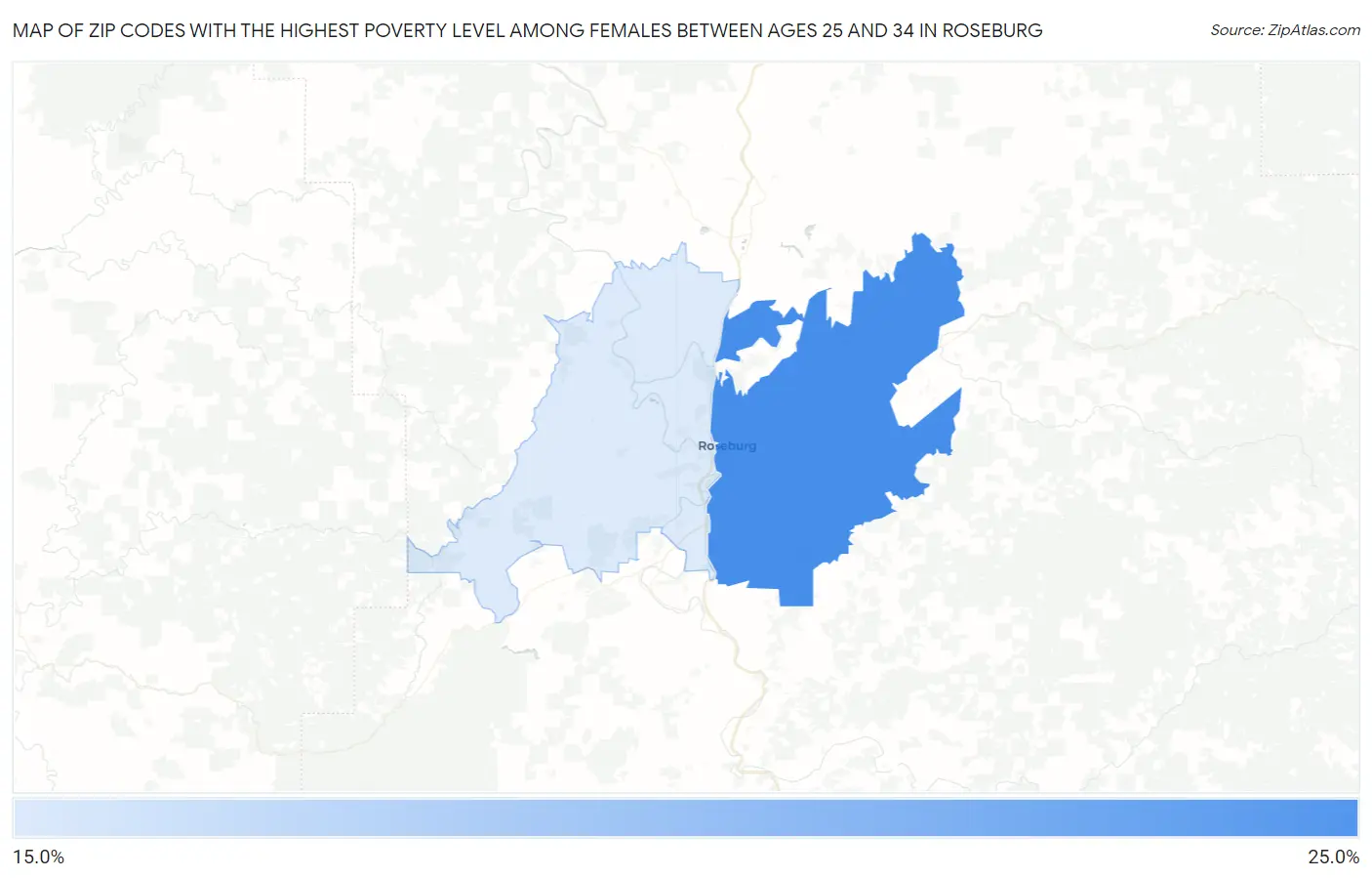 Zip Codes with the Highest Poverty Level Among Females Between Ages 25 and 34 in Roseburg Map