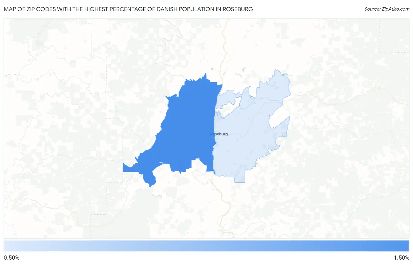 Zip Codes with the Highest Percentage of Danish Population in Roseburg Map