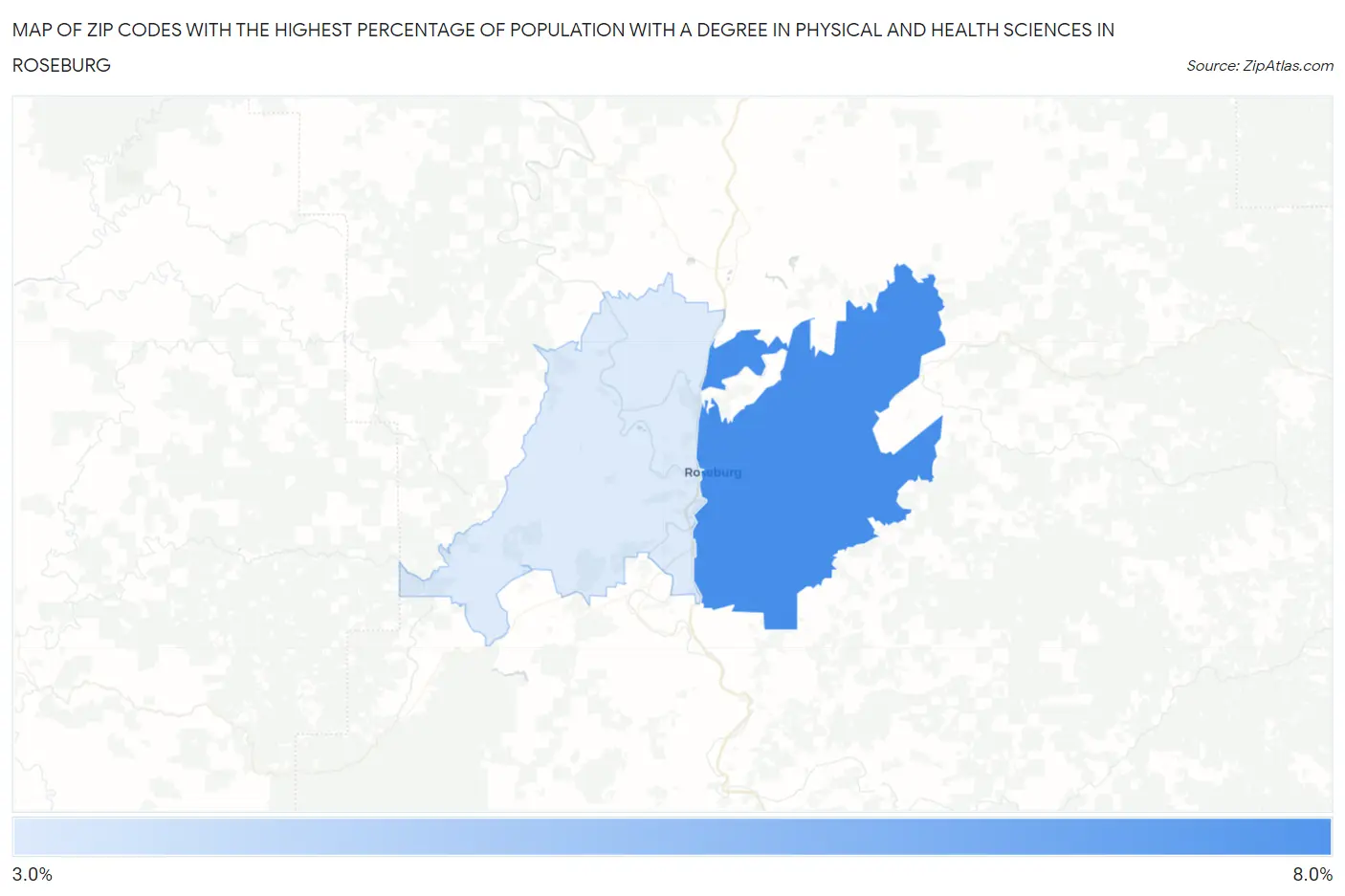 Zip Codes with the Highest Percentage of Population with a Degree in Physical and Health Sciences in Roseburg Map
