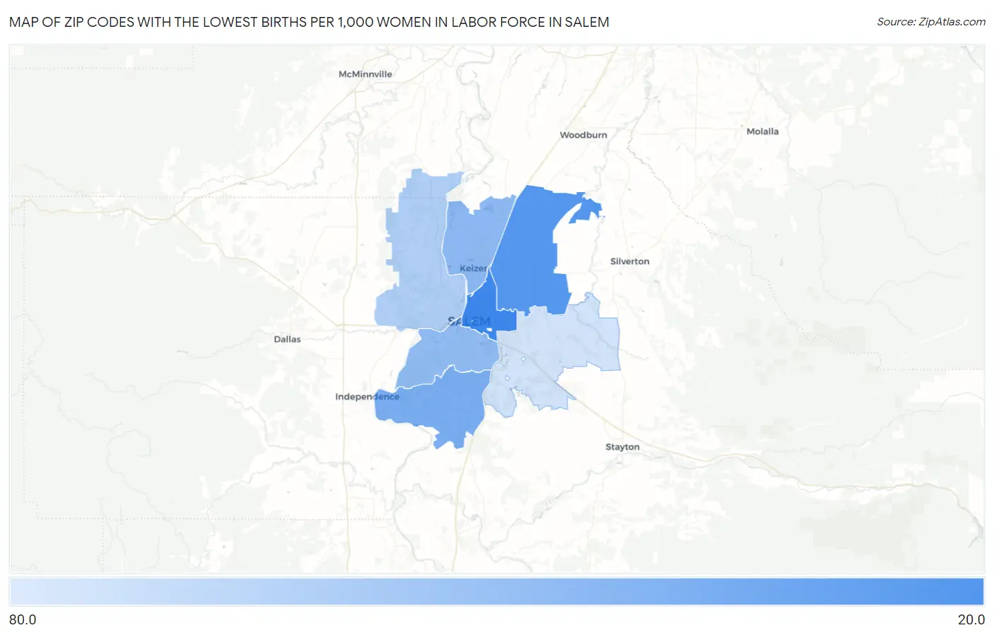 Zip Codes with the Lowest Births per 1,000 Women in Labor Force in Salem Map