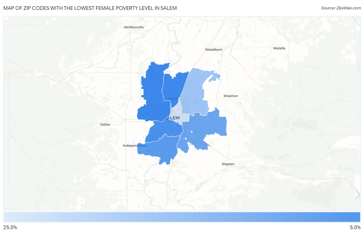 Zip Codes with the Lowest Female Poverty Level in Salem Map