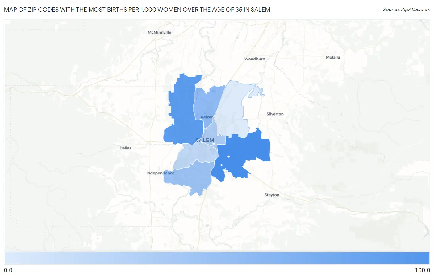 Zip Codes with the Most Births per 1,000 Women Over the Age of 35 in Salem Map