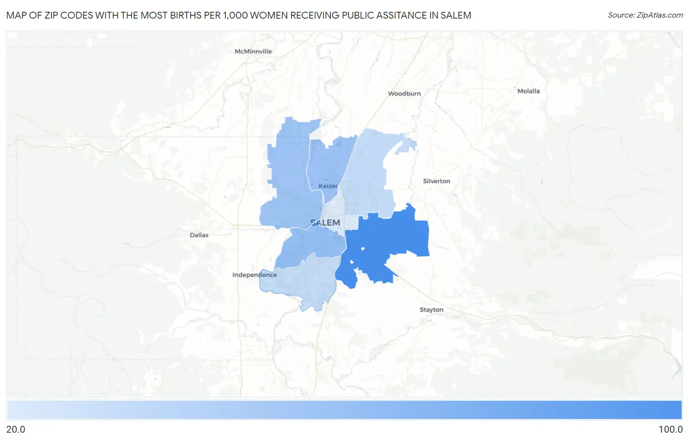 Zip Codes with the Most Births per 1,000 Women Receiving Public Assitance in Salem Map