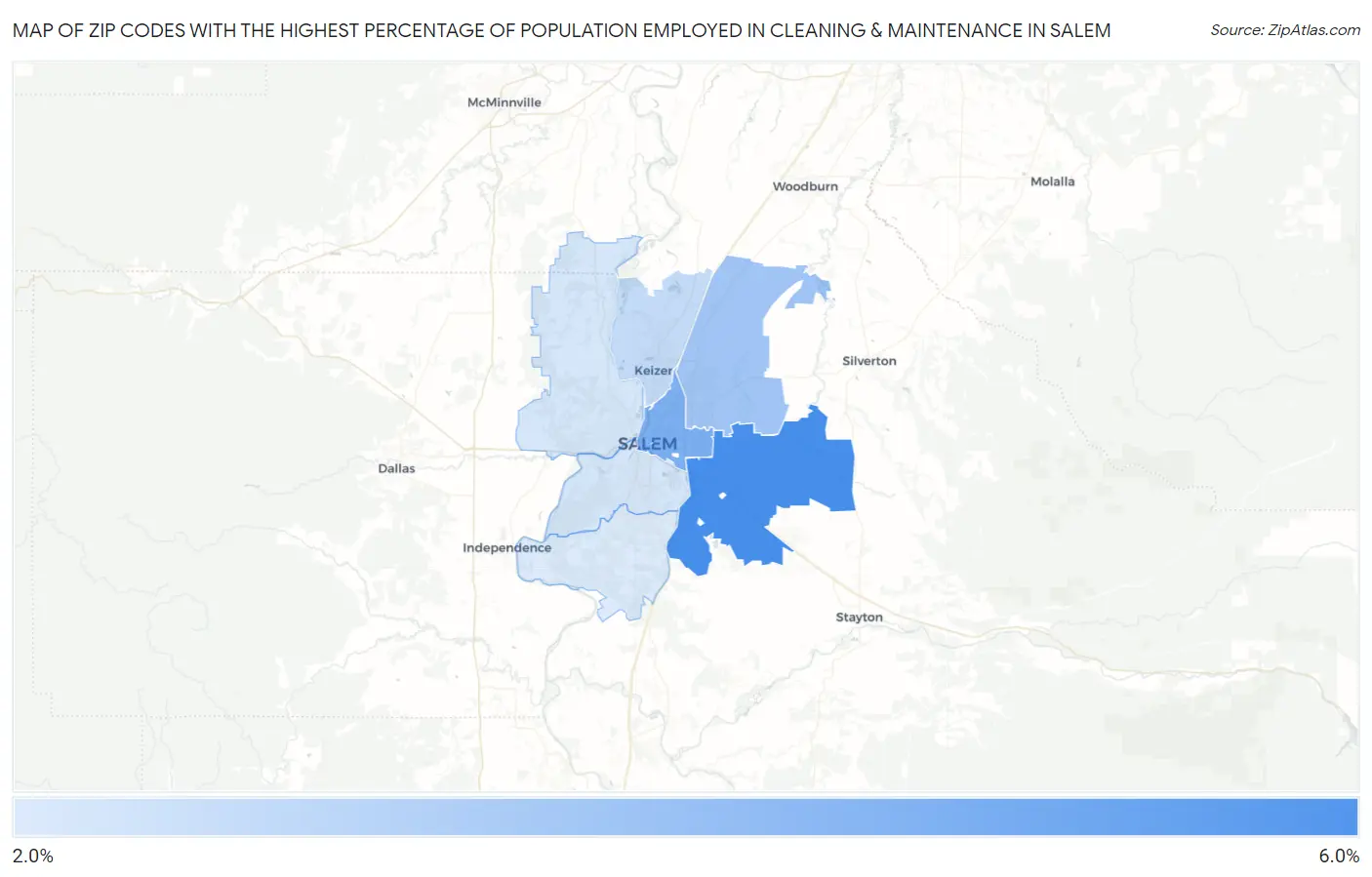Zip Codes with the Highest Percentage of Population Employed in Cleaning & Maintenance in Salem Map
