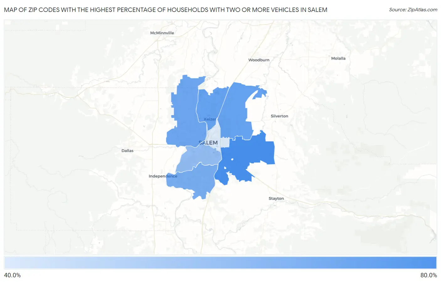Zip Codes with the Highest Percentage of Households With Two or more Vehicles in Salem Map