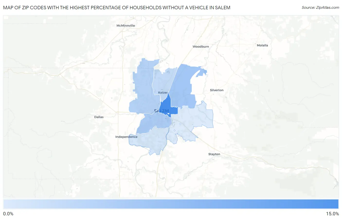 Zip Codes with the Highest Percentage of Households Without a Vehicle in Salem Map