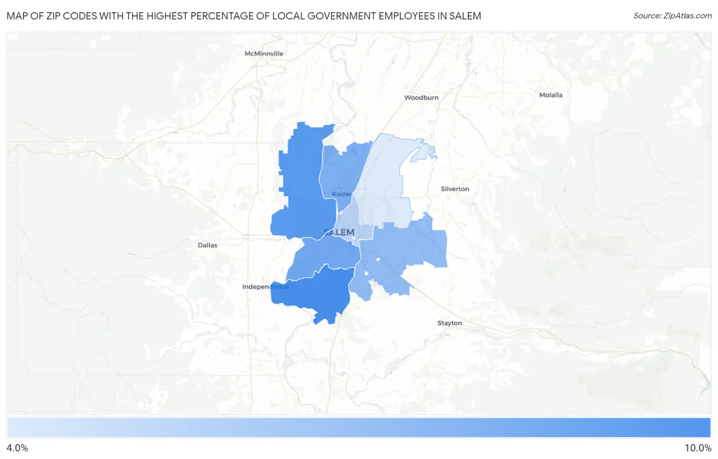 Zip Codes with the Highest Percentage of Local Government Employees in Salem Map