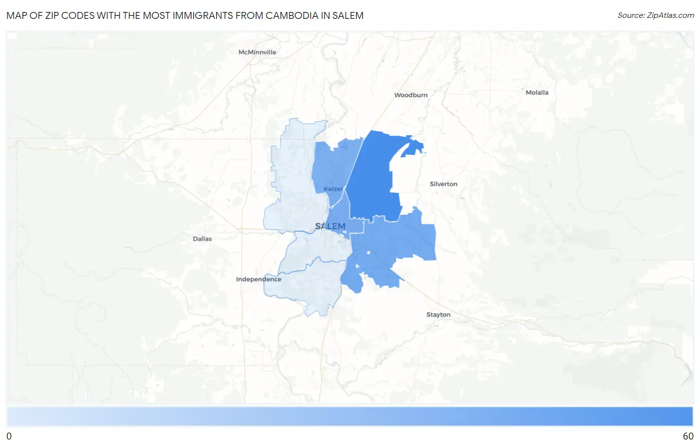 Zip Codes with the Most Immigrants from Cambodia in Salem Map
