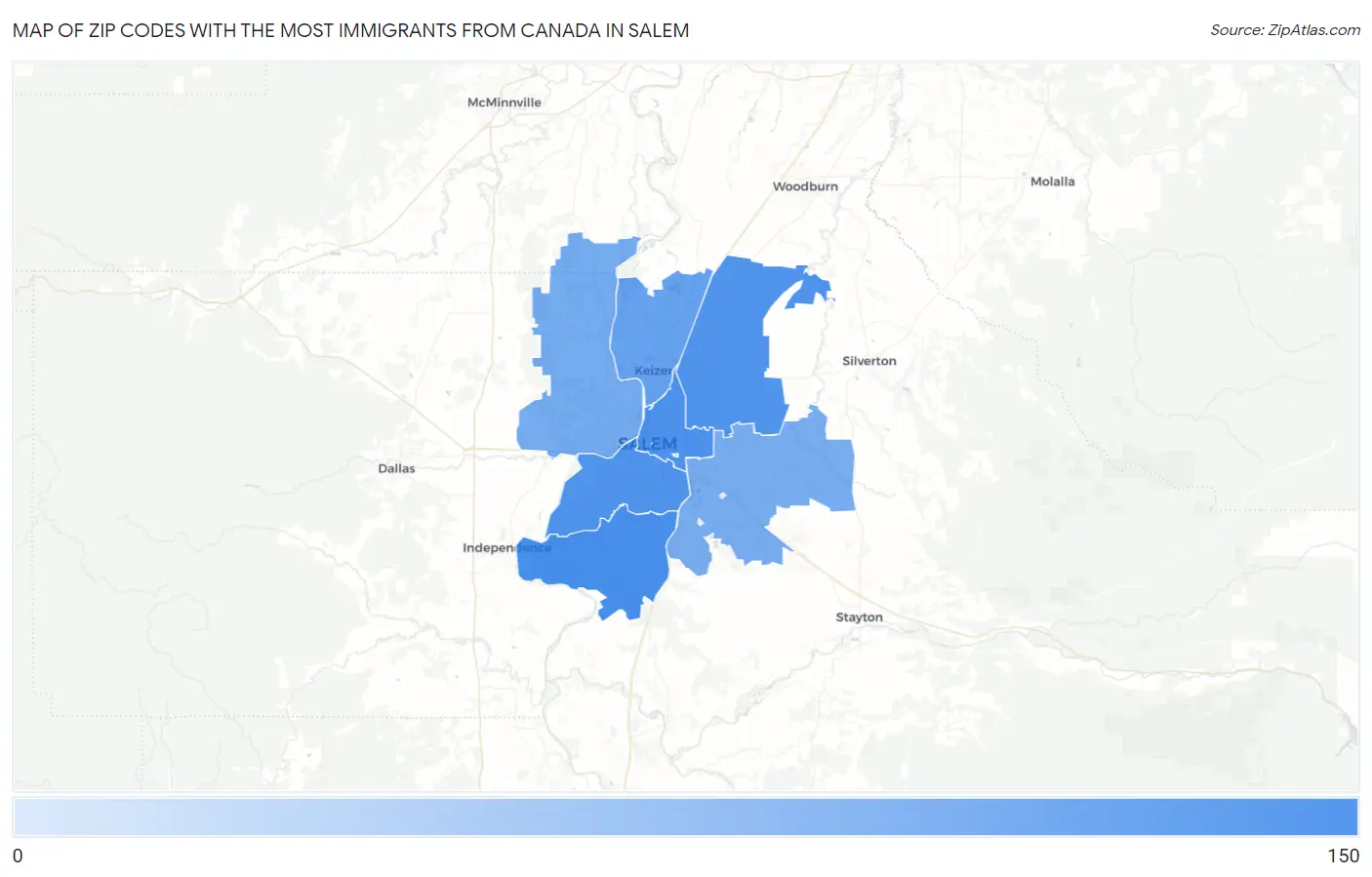 Zip Codes with the Most Immigrants from Canada in Salem Map