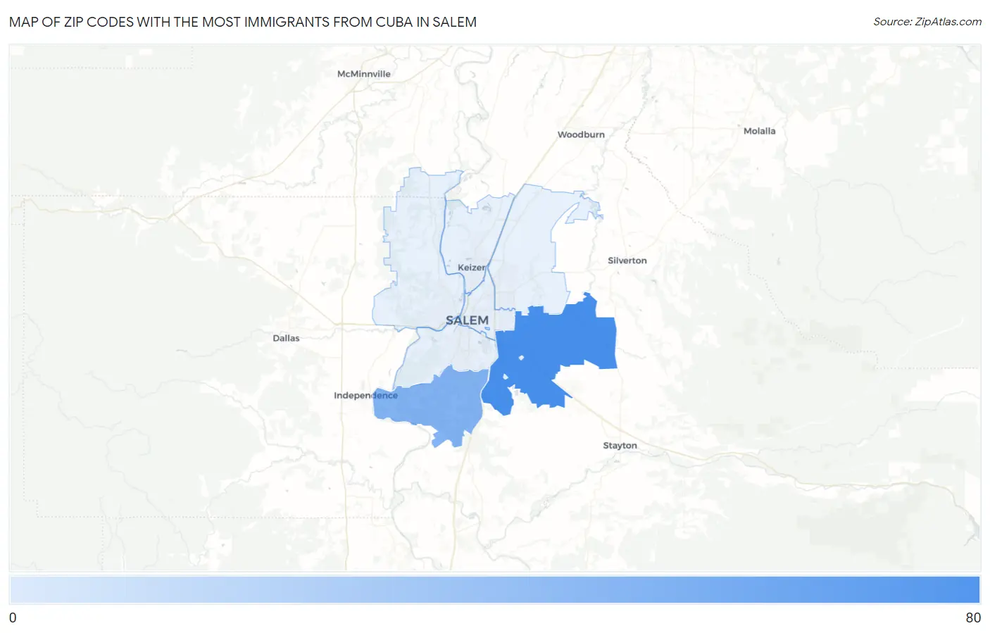 Zip Codes with the Most Immigrants from Cuba in Salem Map