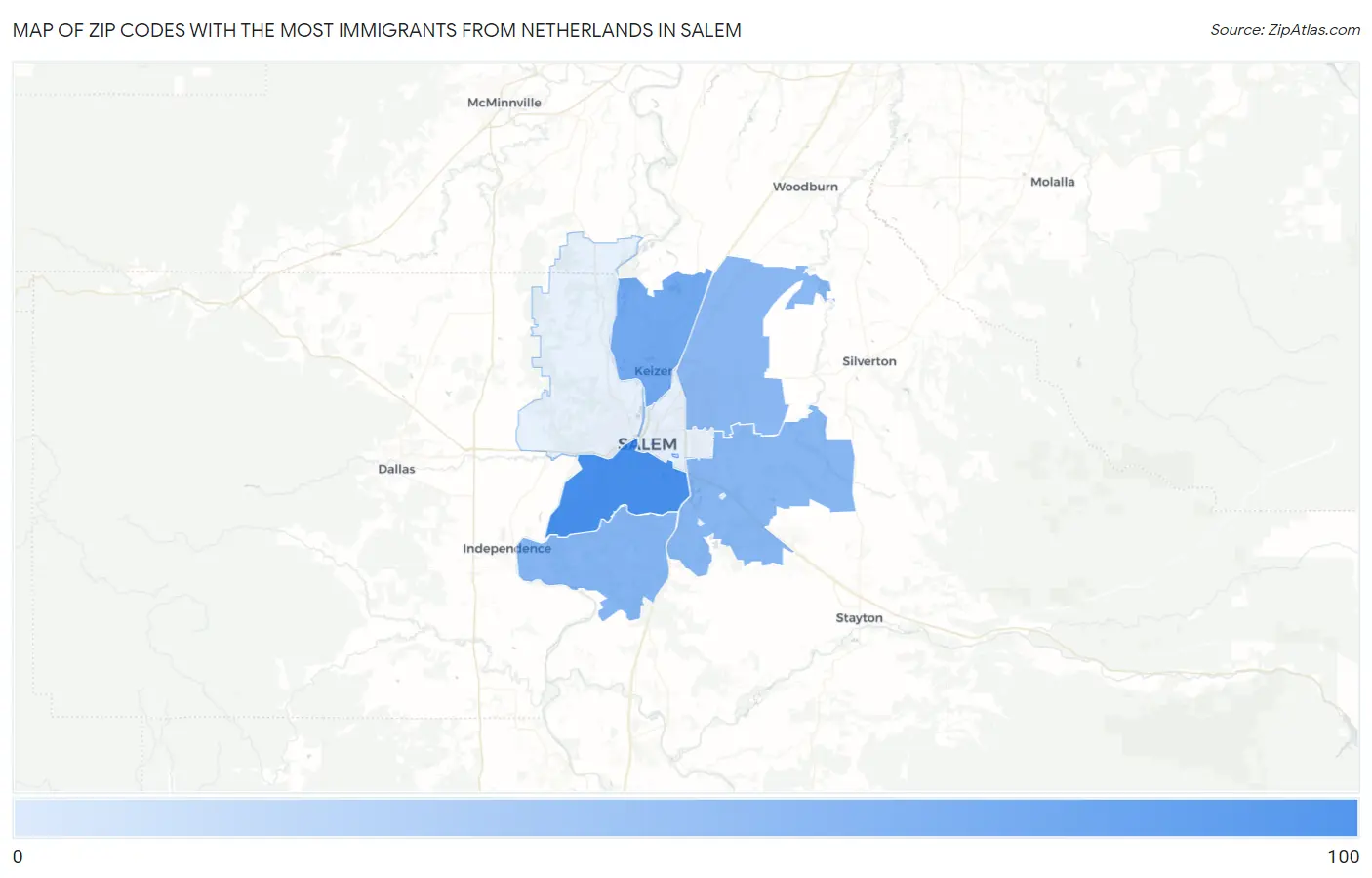 Zip Codes with the Most Immigrants from Netherlands in Salem Map