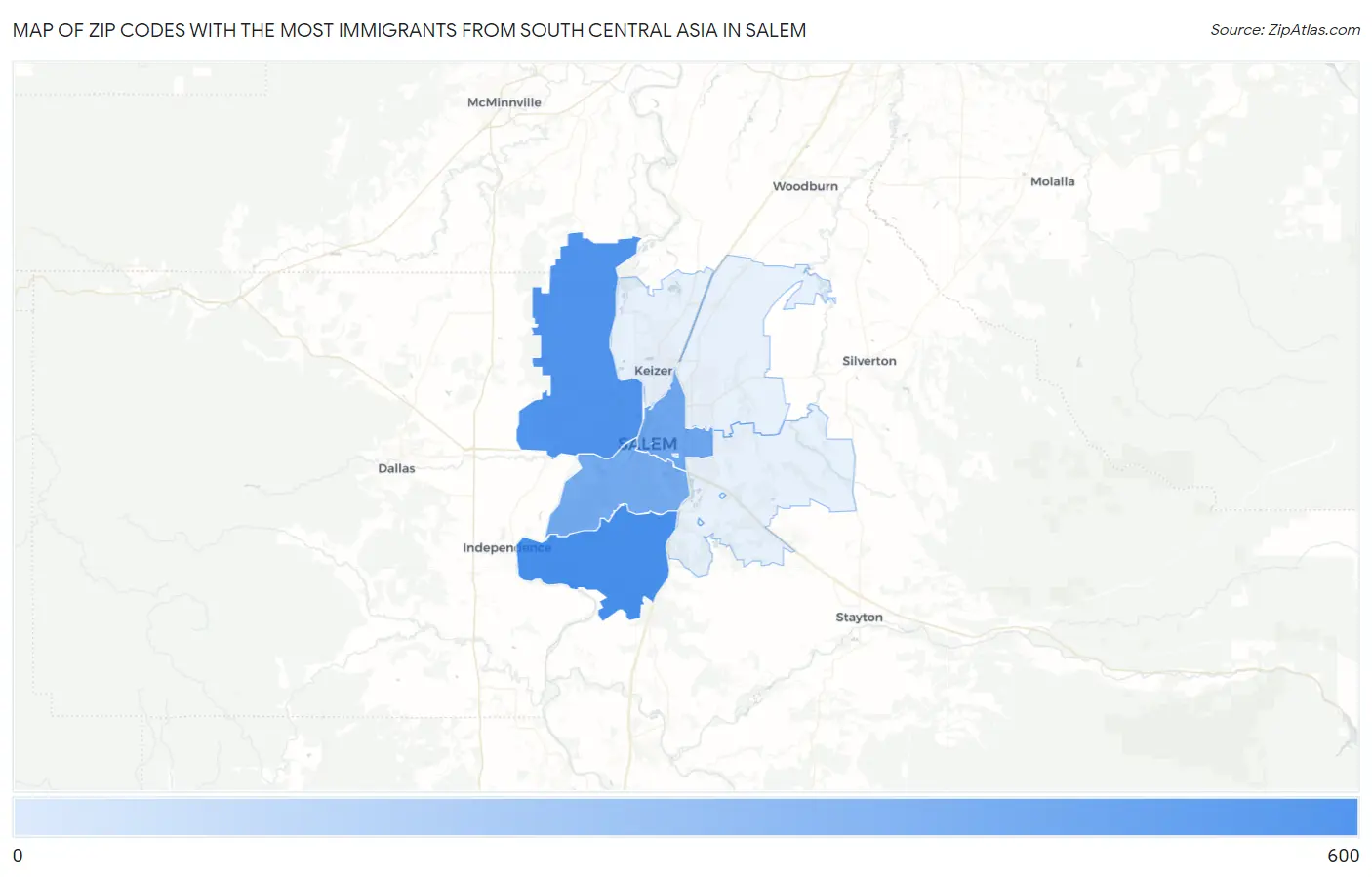 Zip Codes with the Most Immigrants from South Central Asia in Salem Map