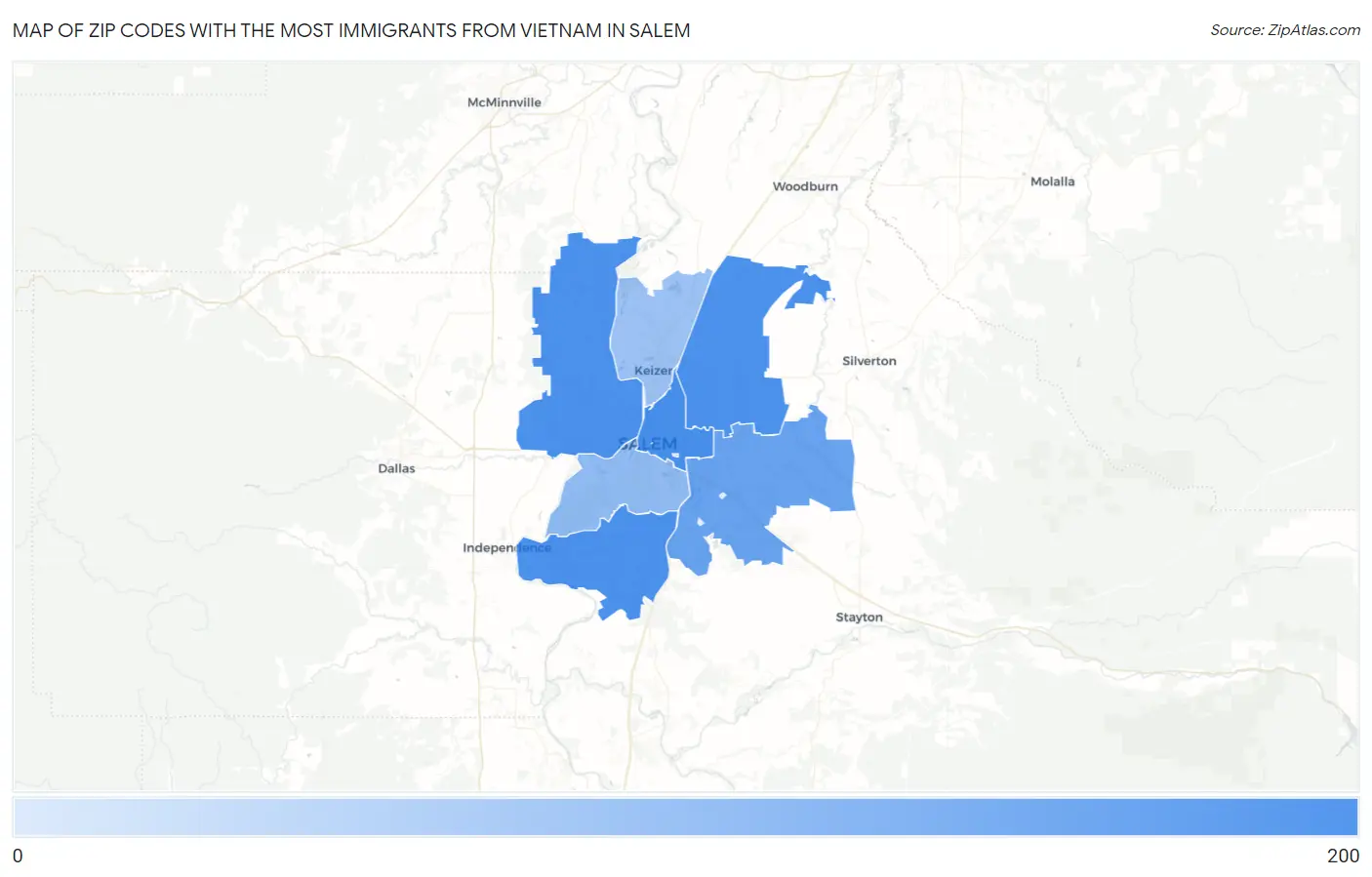 Zip Codes with the Most Immigrants from Vietnam in Salem Map