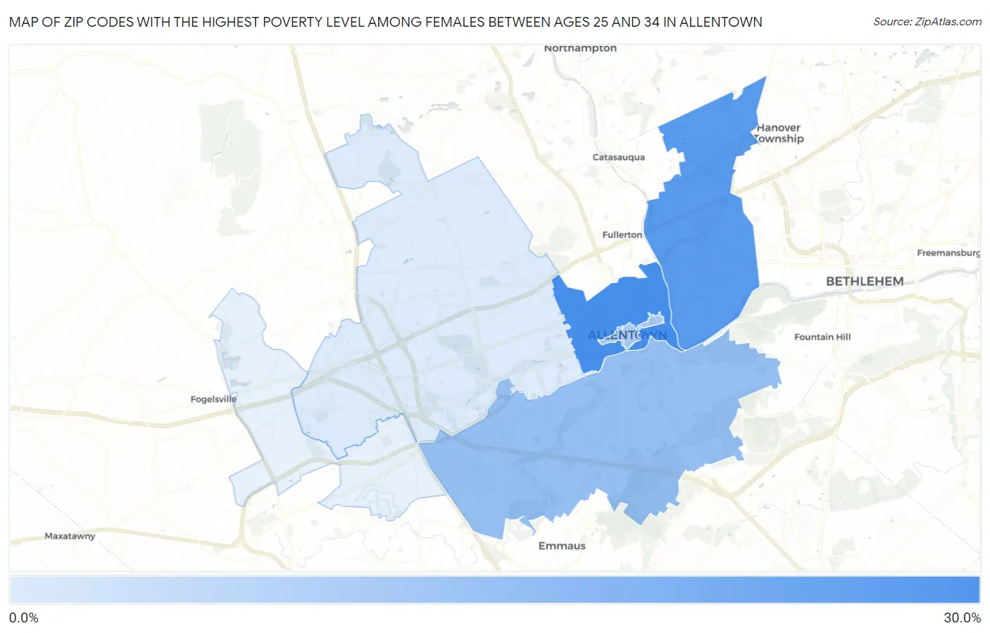 Zip Codes with the Highest Poverty Level Among Females Between Ages 25 and 34 in Allentown Map