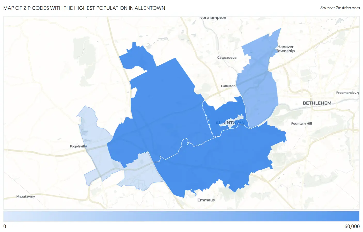 Zip Codes with the Highest Population in Allentown Map