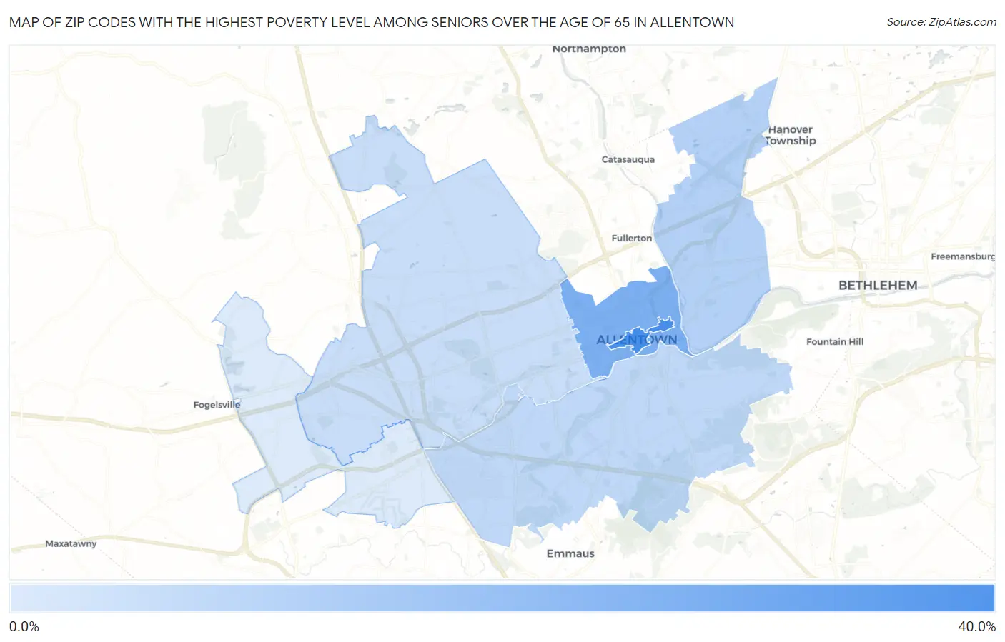 Zip Codes with the Highest Poverty Level Among Seniors Over the Age of 65 in Allentown Map