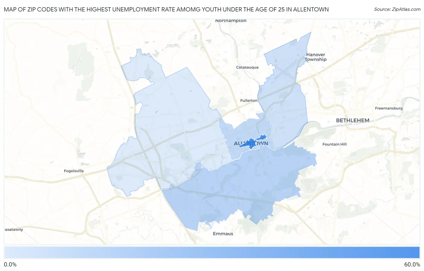 Zip Codes with the Highest Unemployment Rate Amomg Youth Under the Age of 25 in Allentown Map