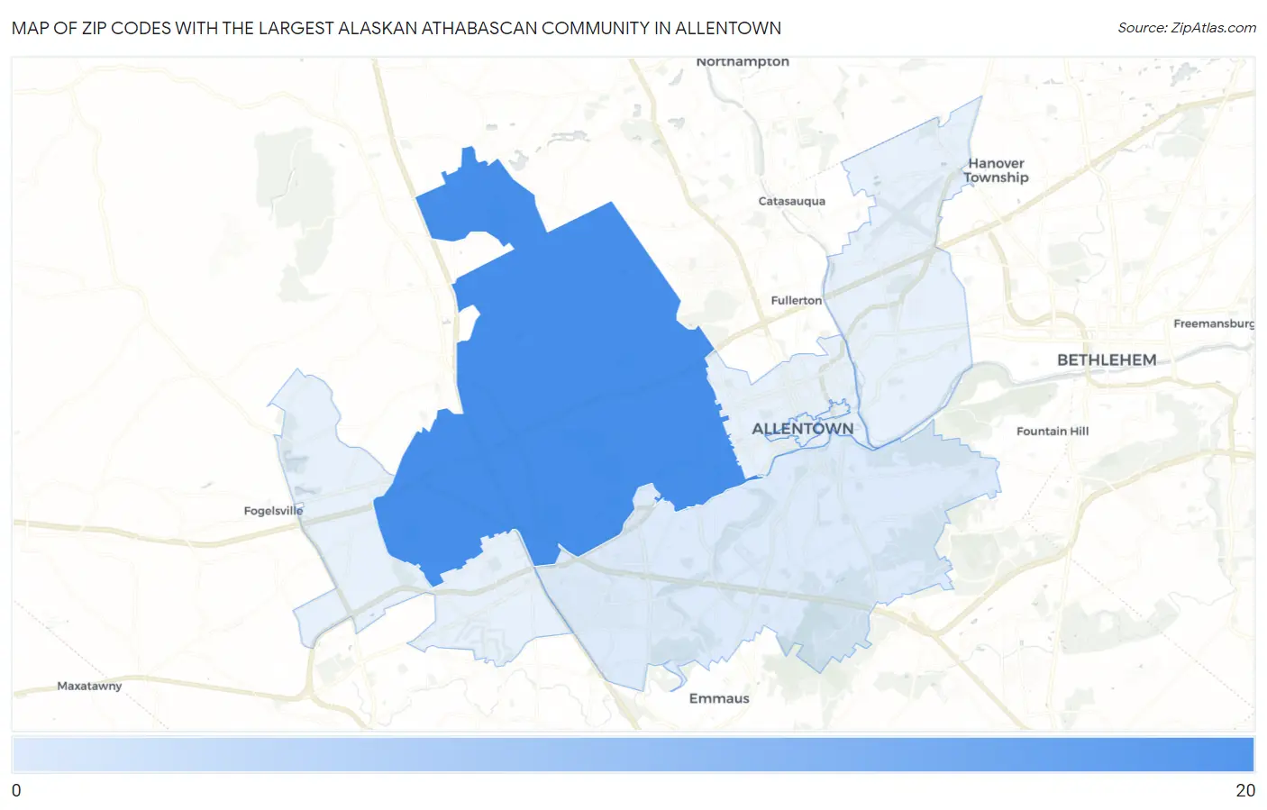 Zip Codes with the Largest Alaskan Athabascan Community in Allentown Map