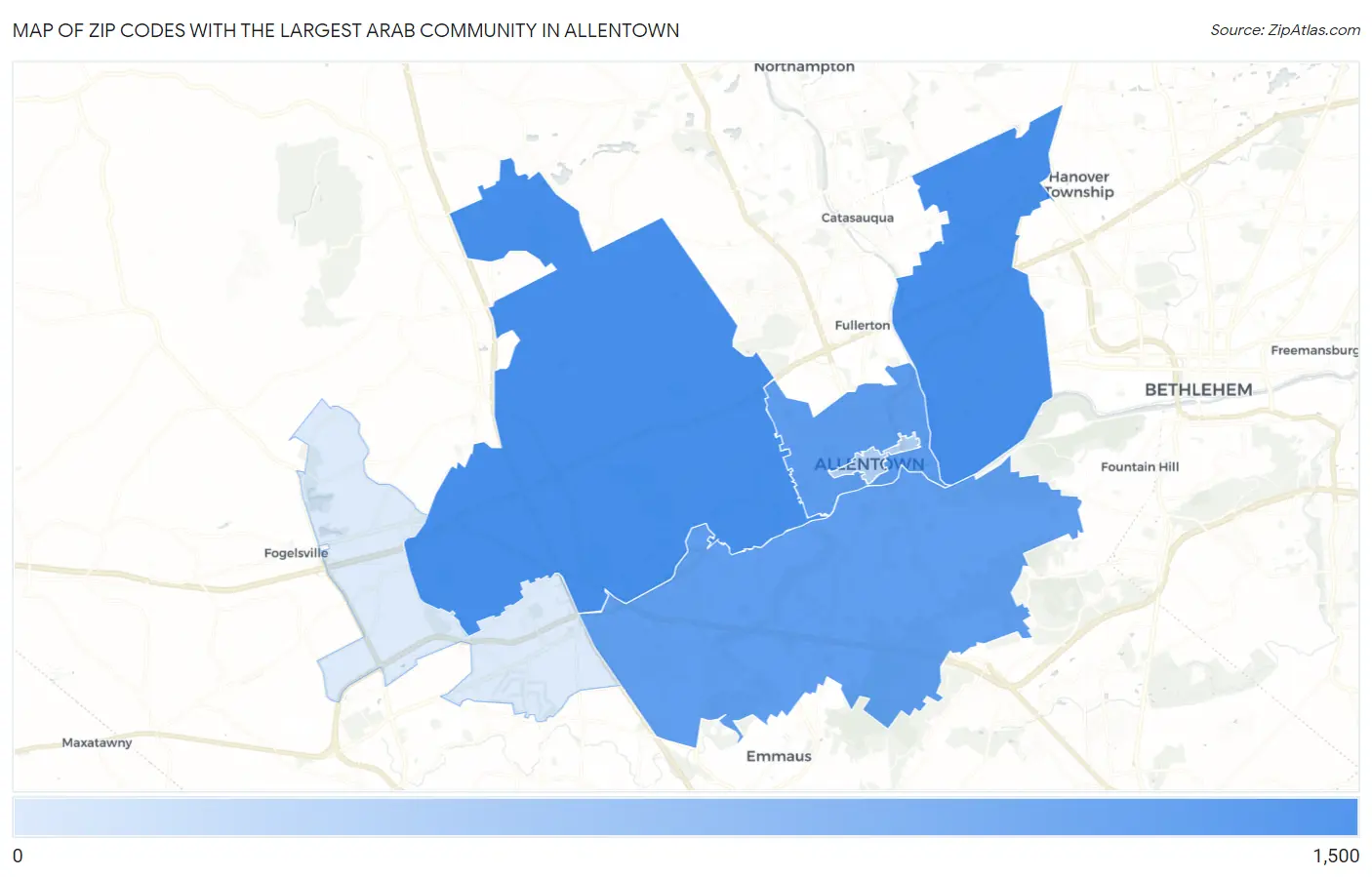 Zip Codes with the Largest Arab Community in Allentown Map