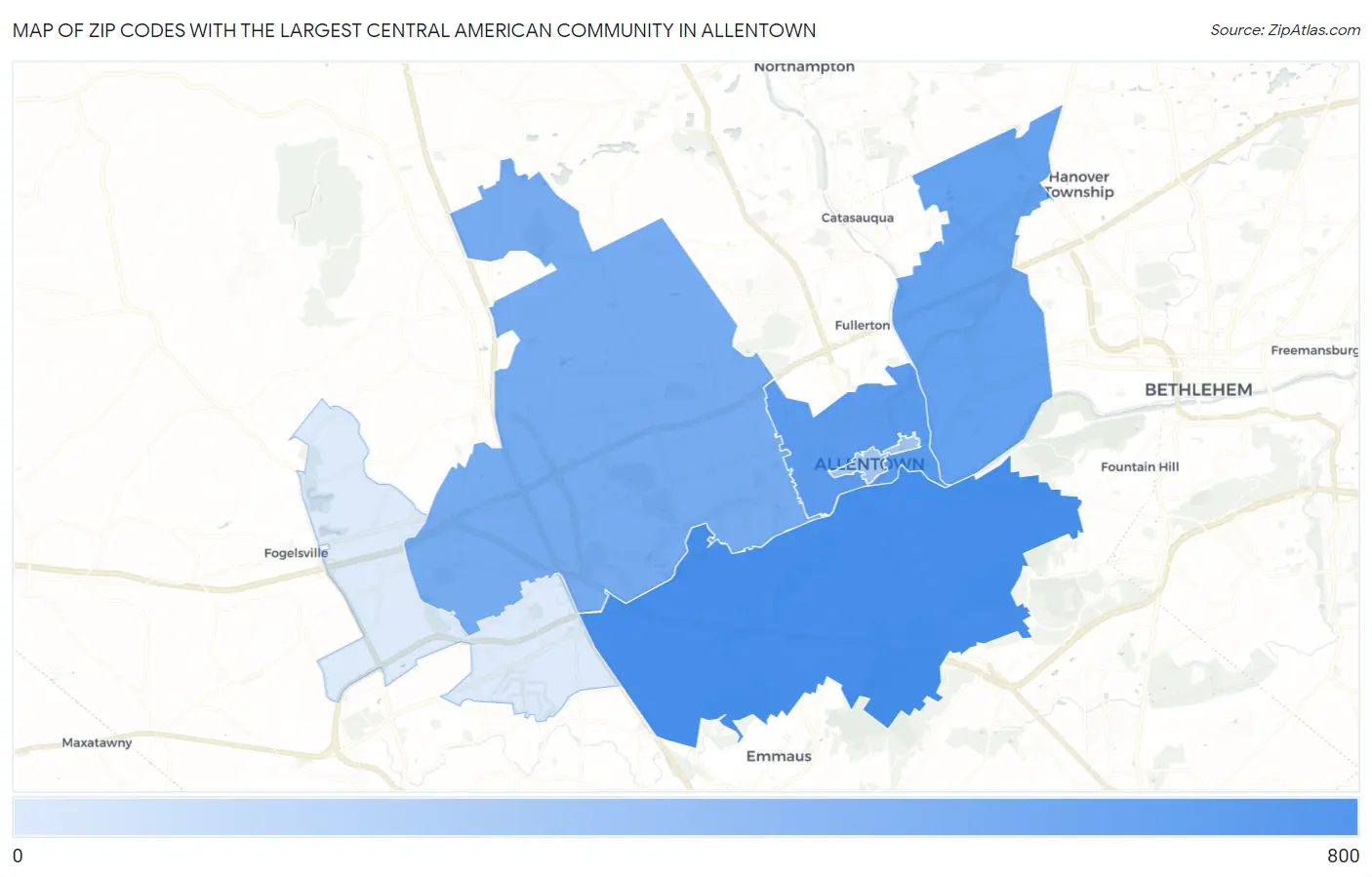 Zip Codes with the Largest Central American Community in Allentown Map