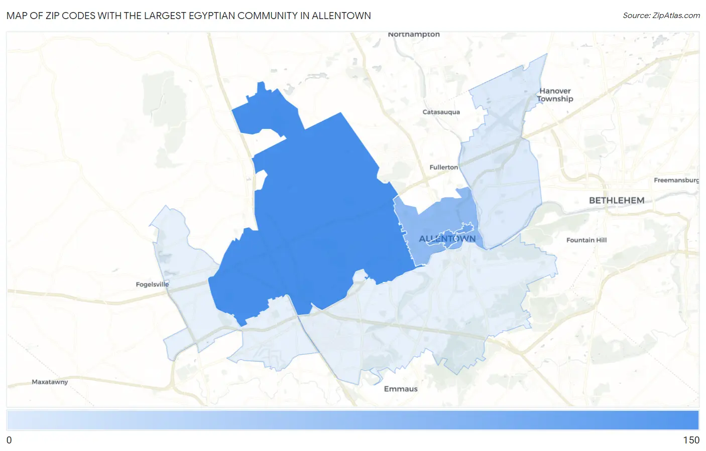 Zip Codes with the Largest Egyptian Community in Allentown Map