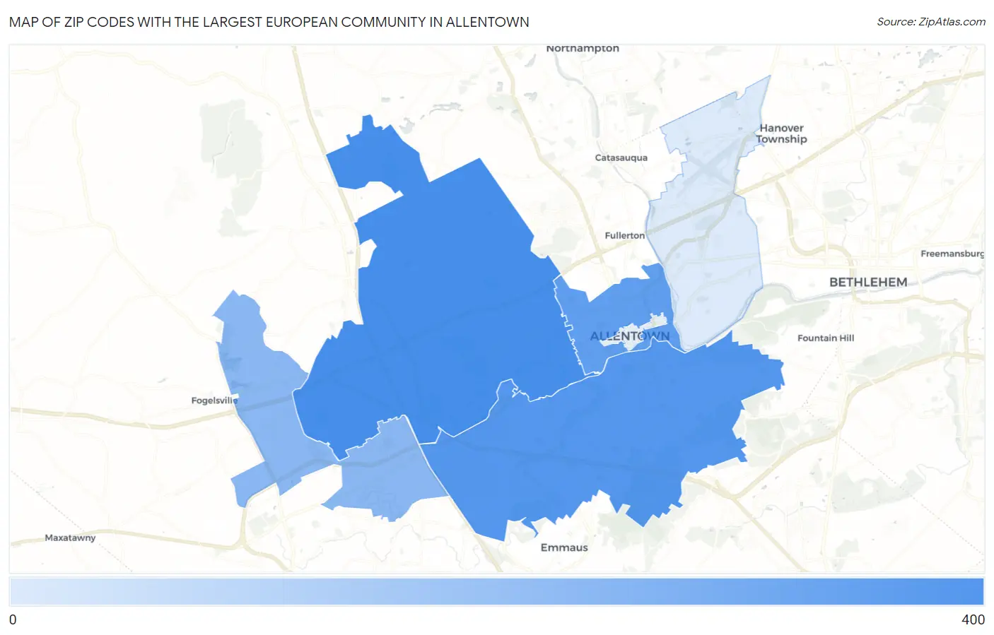 Zip Codes with the Largest European Community in Allentown Map