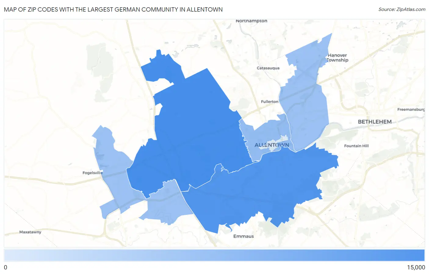Zip Codes with the Largest German Community in Allentown Map