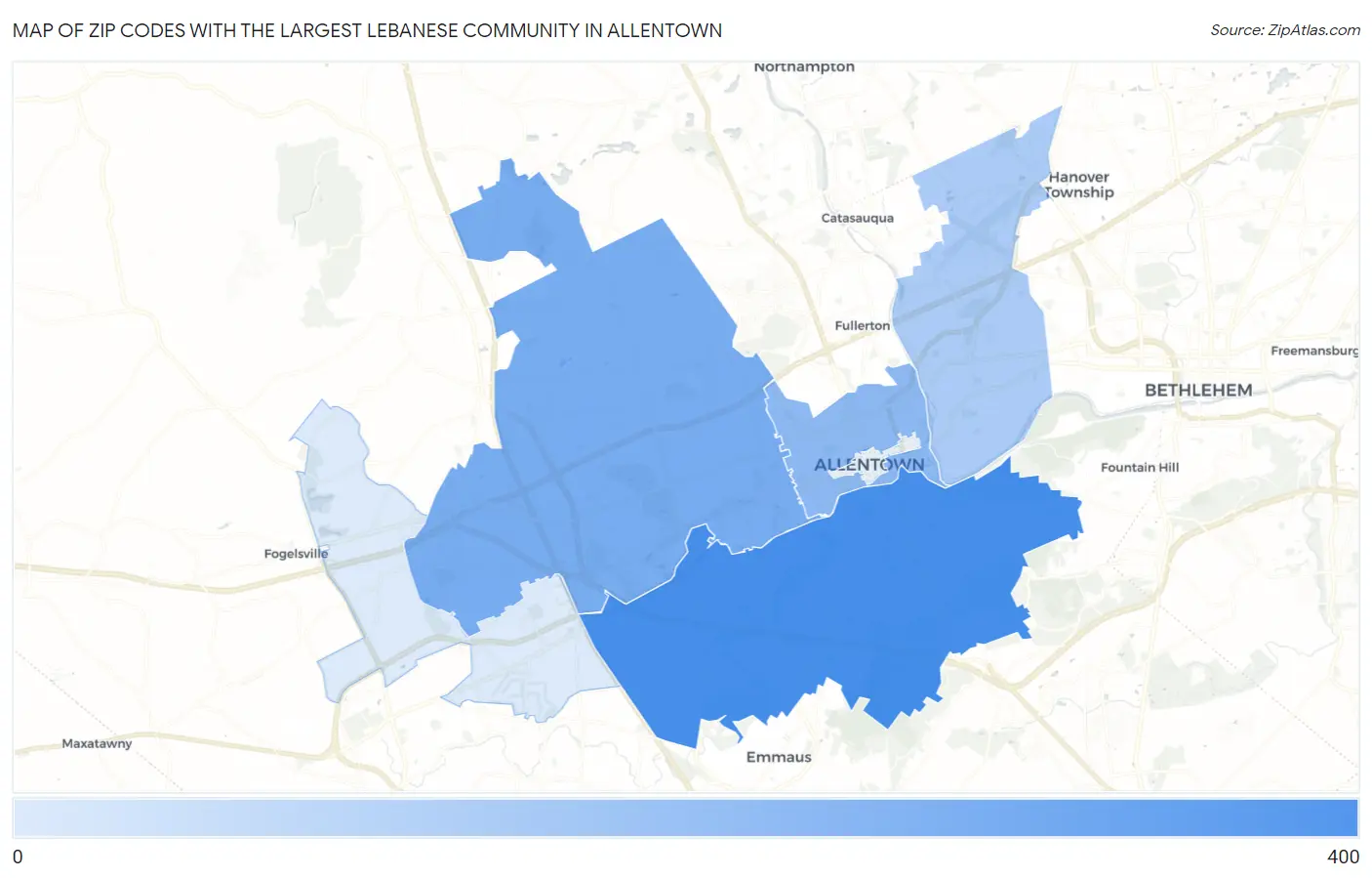 Zip Codes with the Largest Lebanese Community in Allentown Map