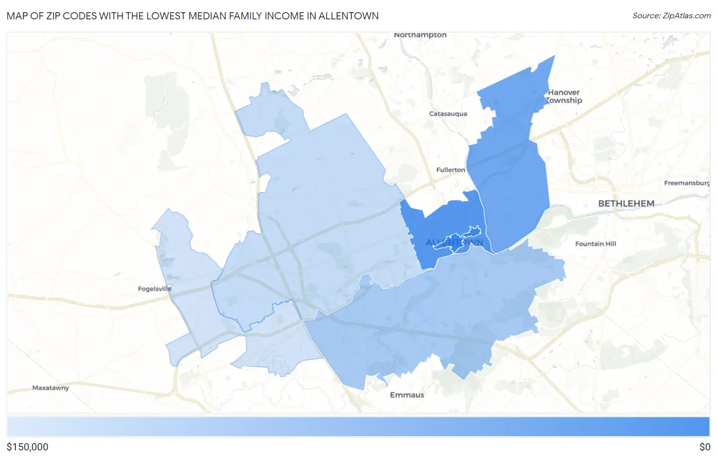 Zip Codes with the Lowest Median Family Income in Allentown Map