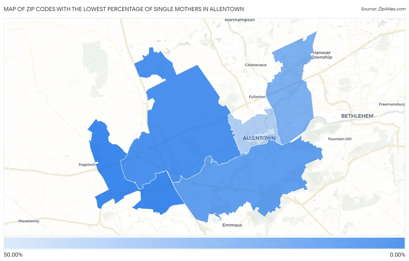 Zip Codes with the Lowest Percentage of Single Mothers in Allentown Map