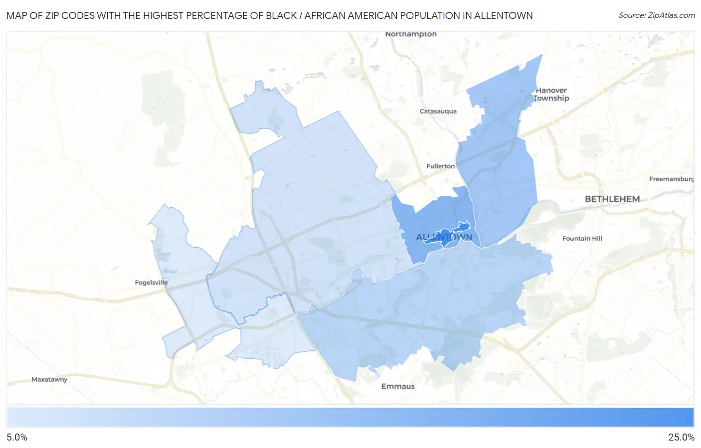 Zip Codes with the Highest Percentage of Black / African American Population in Allentown Map