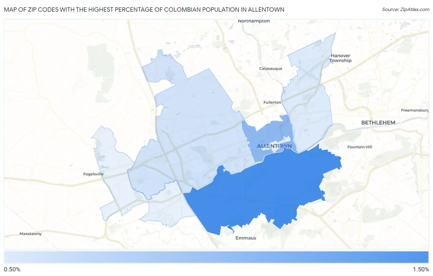 Zip Codes with the Highest Percentage of Colombian Population in Allentown Map