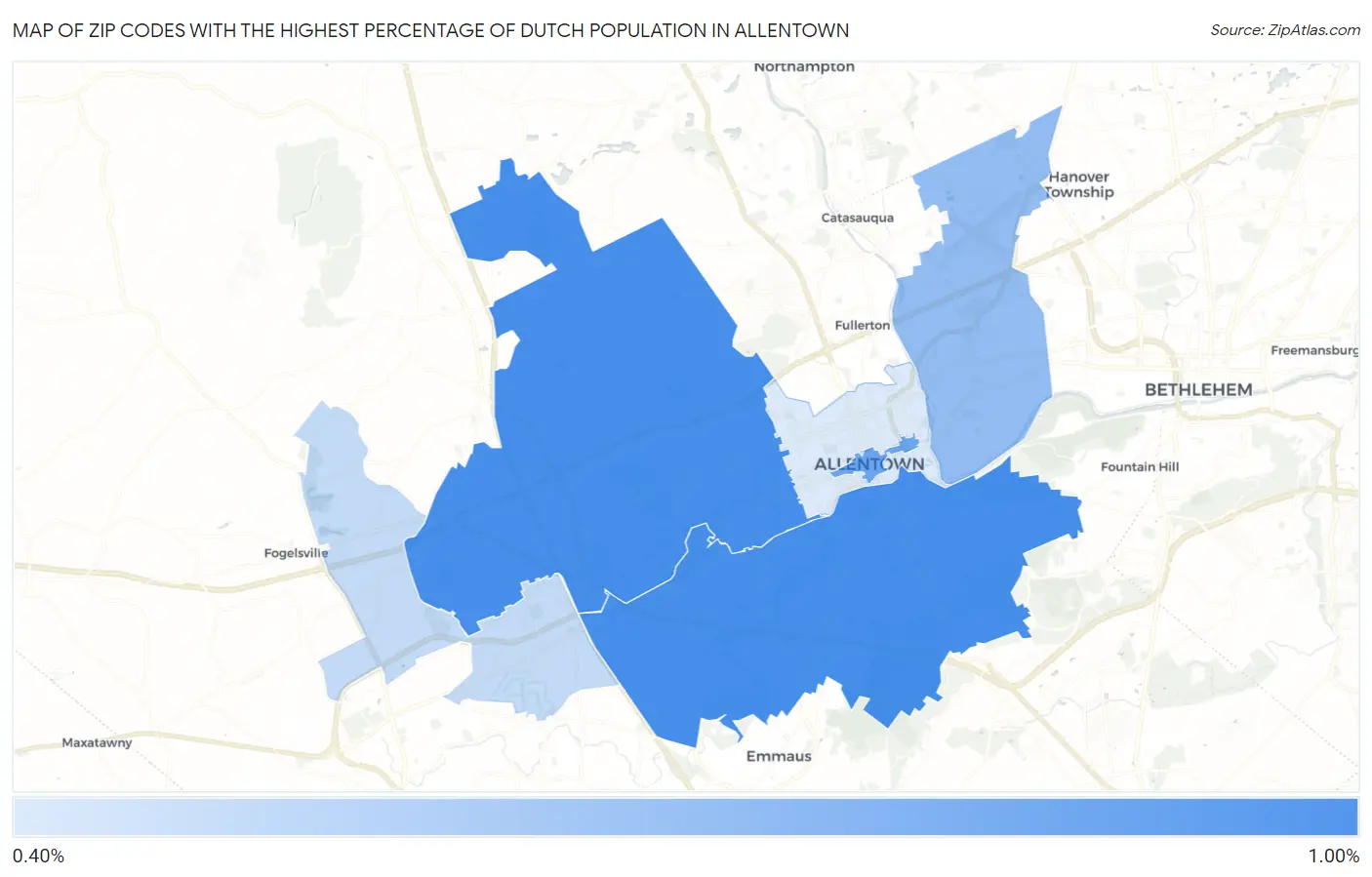 Zip Codes with the Highest Percentage of Dutch Population in Allentown Map