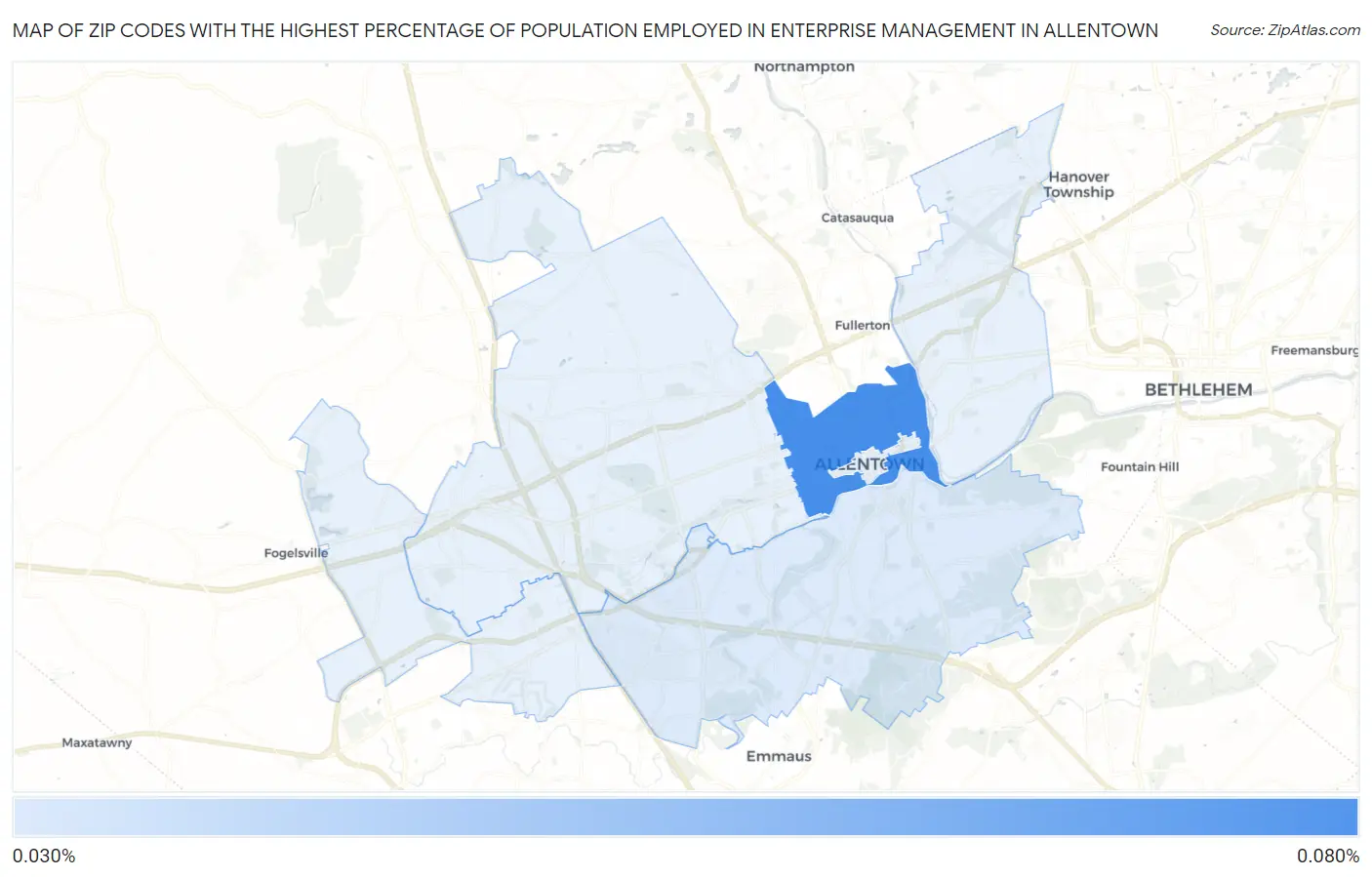 Zip Codes with the Highest Percentage of Population Employed in Enterprise Management in Allentown Map