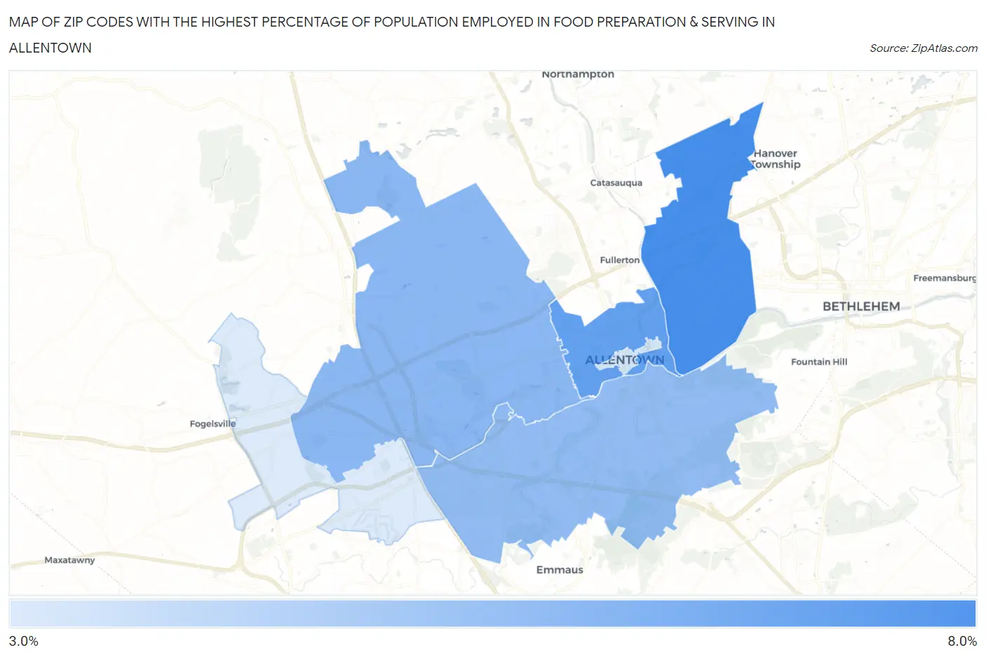 Zip Codes with the Highest Percentage of Population Employed in Food Preparation & Serving in Allentown Map