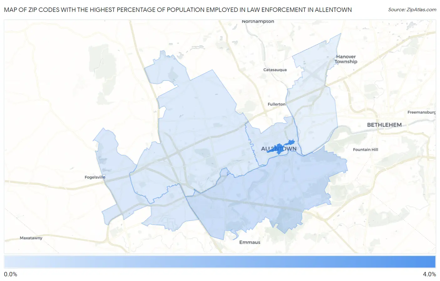 Zip Codes with the Highest Percentage of Population Employed in Law Enforcement in Allentown Map