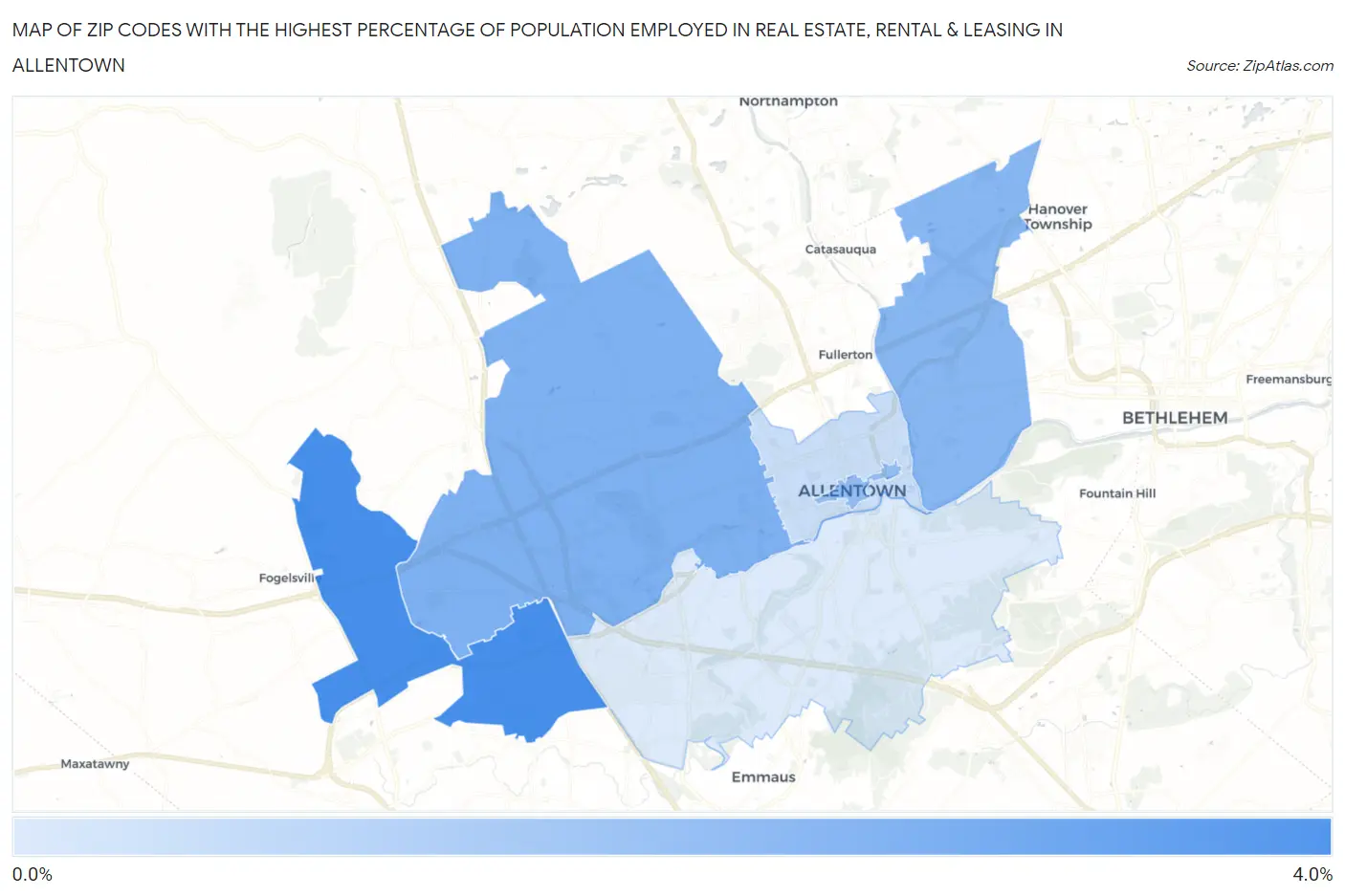 Zip Codes with the Highest Percentage of Population Employed in Real Estate, Rental & Leasing in Allentown Map