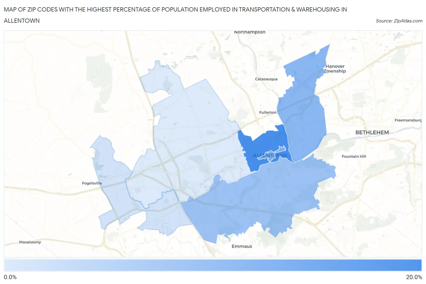 Zip Codes with the Highest Percentage of Population Employed in Transportation & Warehousing in Allentown Map