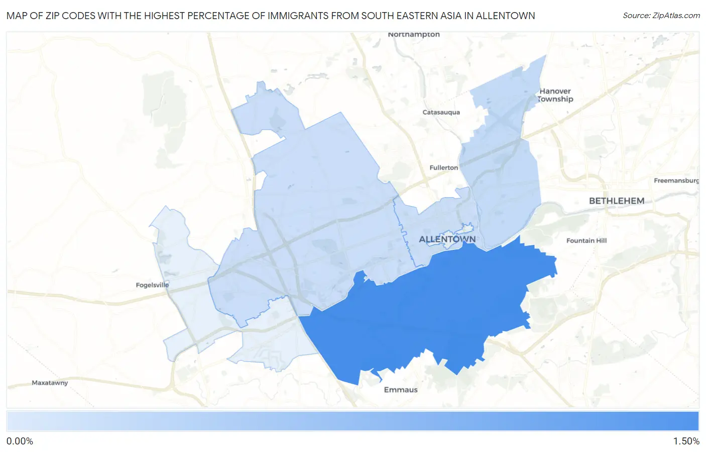 Zip Codes with the Highest Percentage of Immigrants from South Eastern Asia in Allentown Map