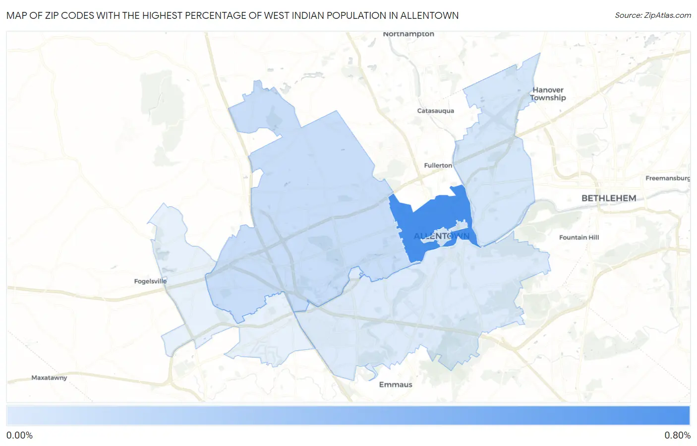Zip Codes with the Highest Percentage of West Indian Population in Allentown Map