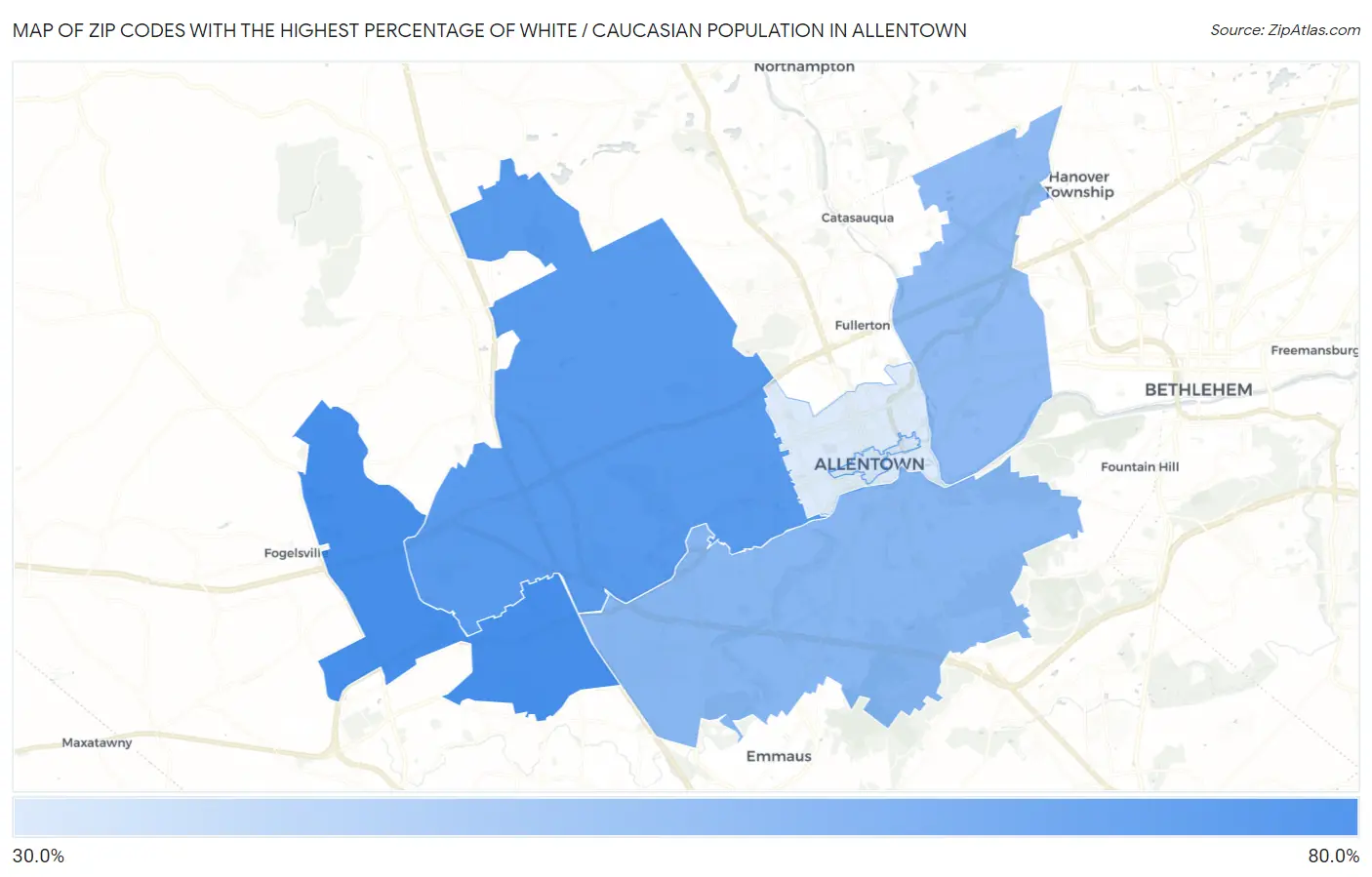Zip Codes with the Highest Percentage of White / Caucasian Population in Allentown Map