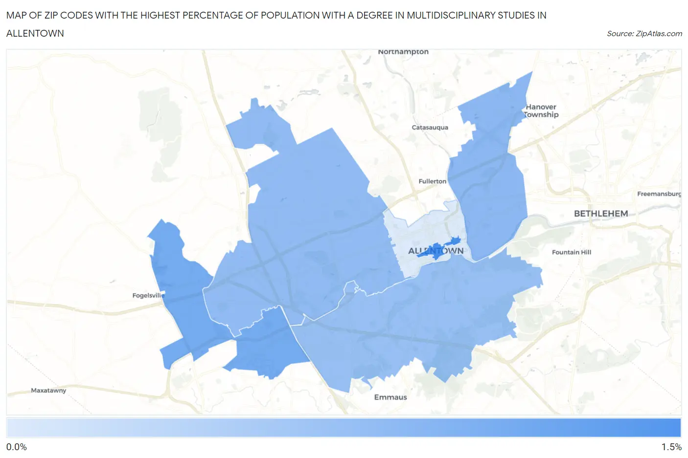 Zip Codes with the Highest Percentage of Population with a Degree in Multidisciplinary Studies in Allentown Map