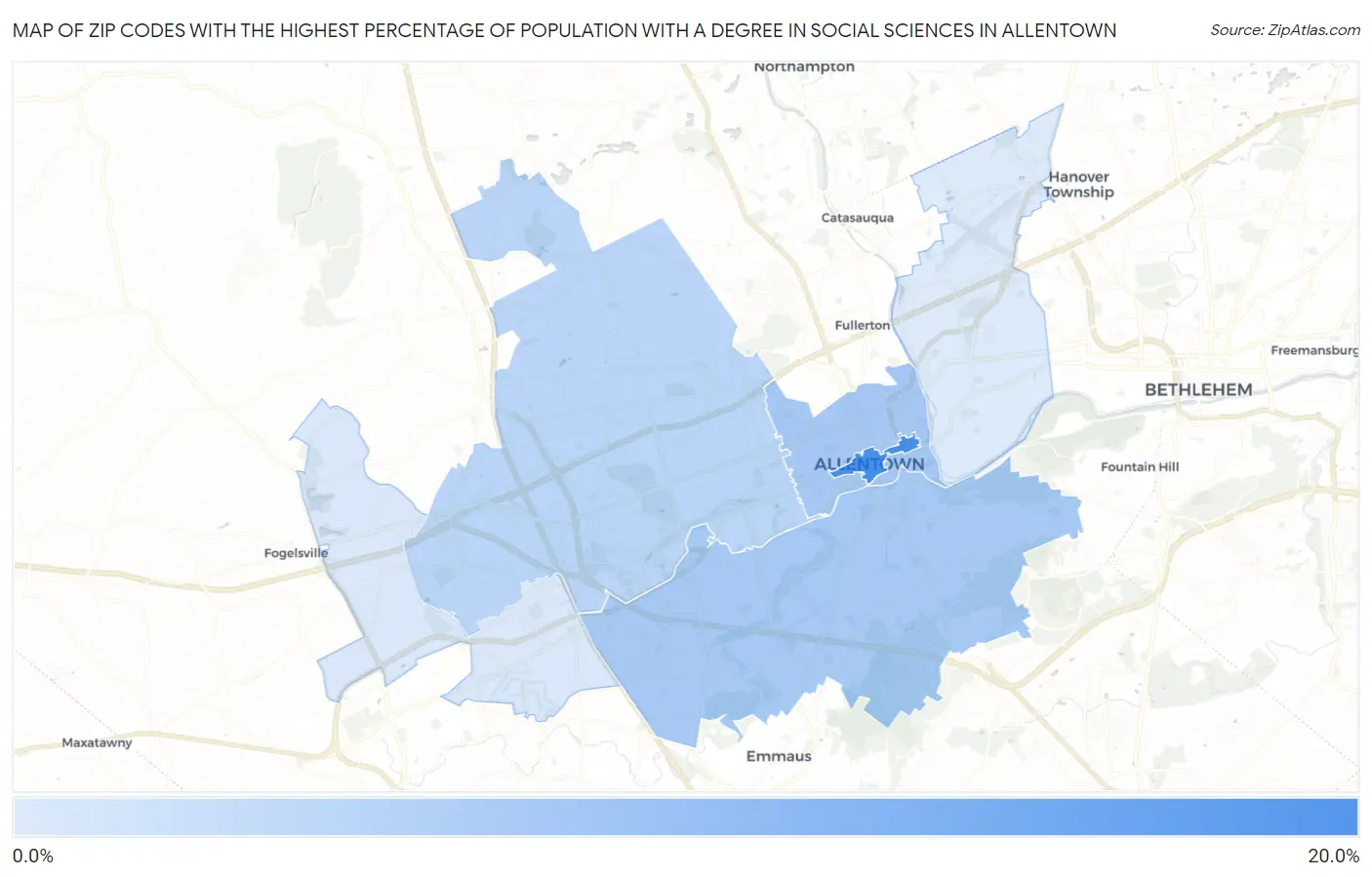 Zip Codes with the Highest Percentage of Population with a Degree in Social Sciences in Allentown Map