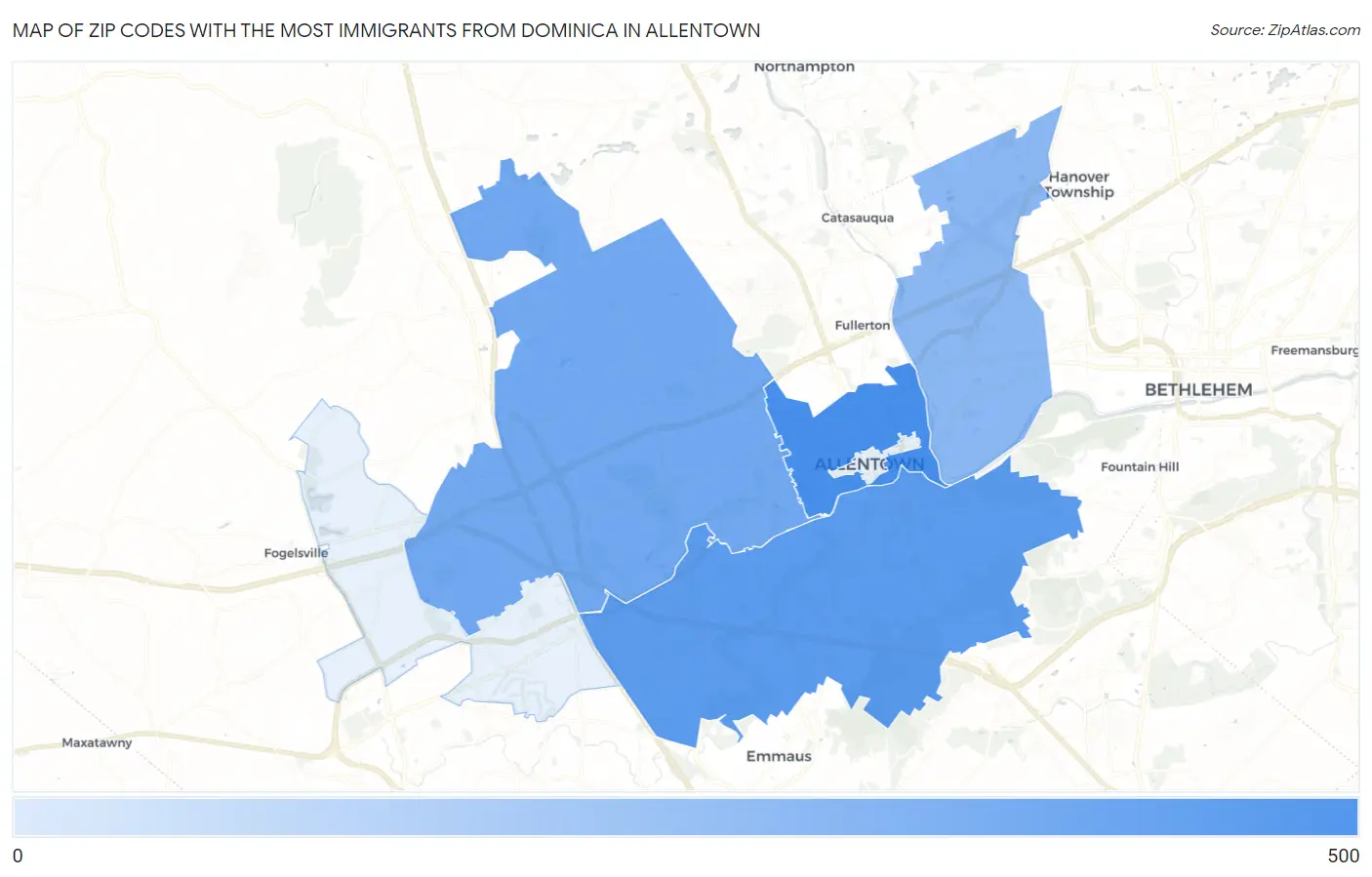 Zip Codes with the Most Immigrants from Dominica in Allentown Map