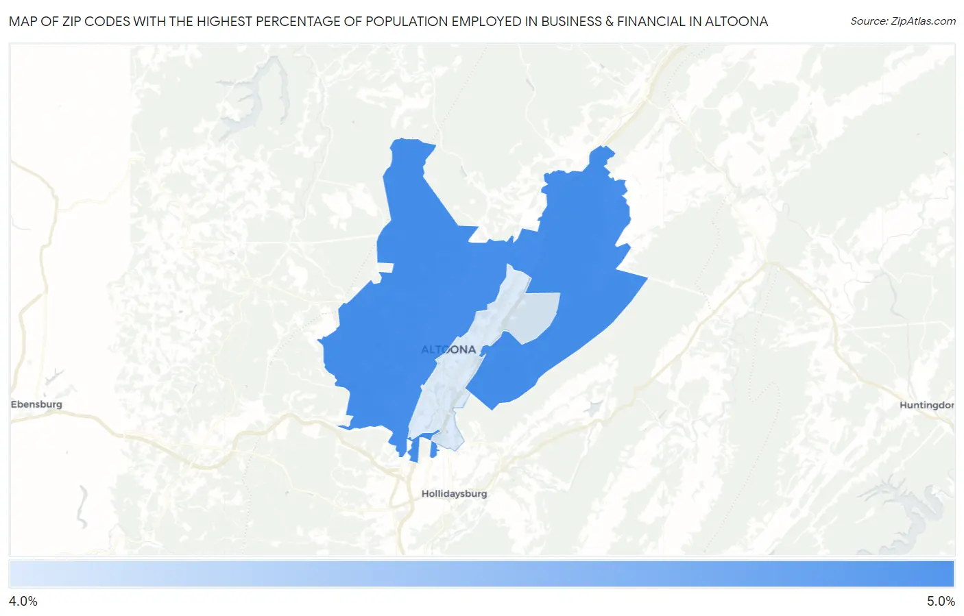 Zip Codes with the Highest Percentage of Population Employed in Business & Financial in Altoona Map