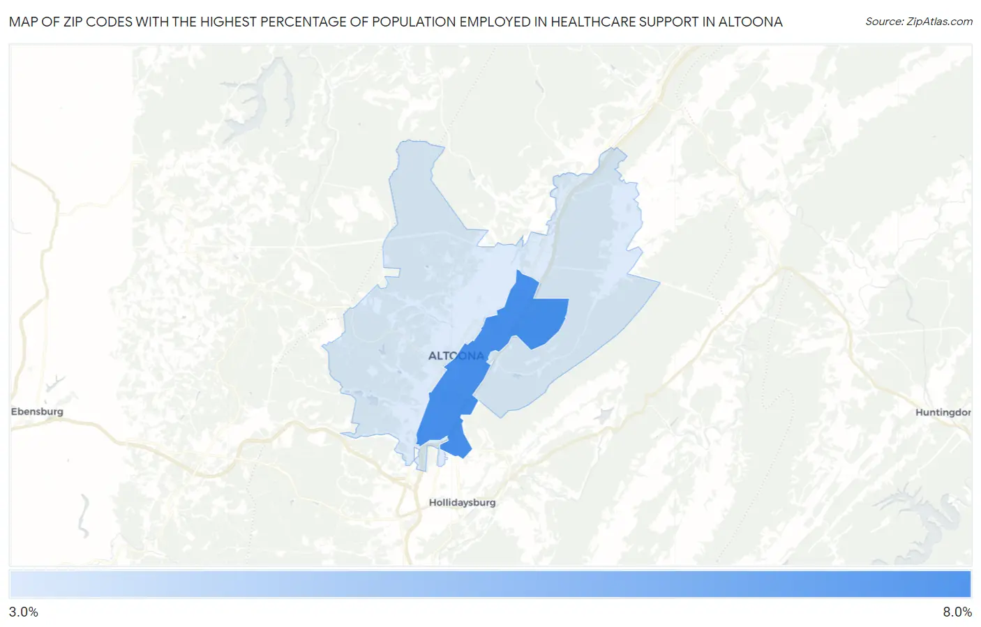 Zip Codes with the Highest Percentage of Population Employed in Healthcare Support in Altoona Map