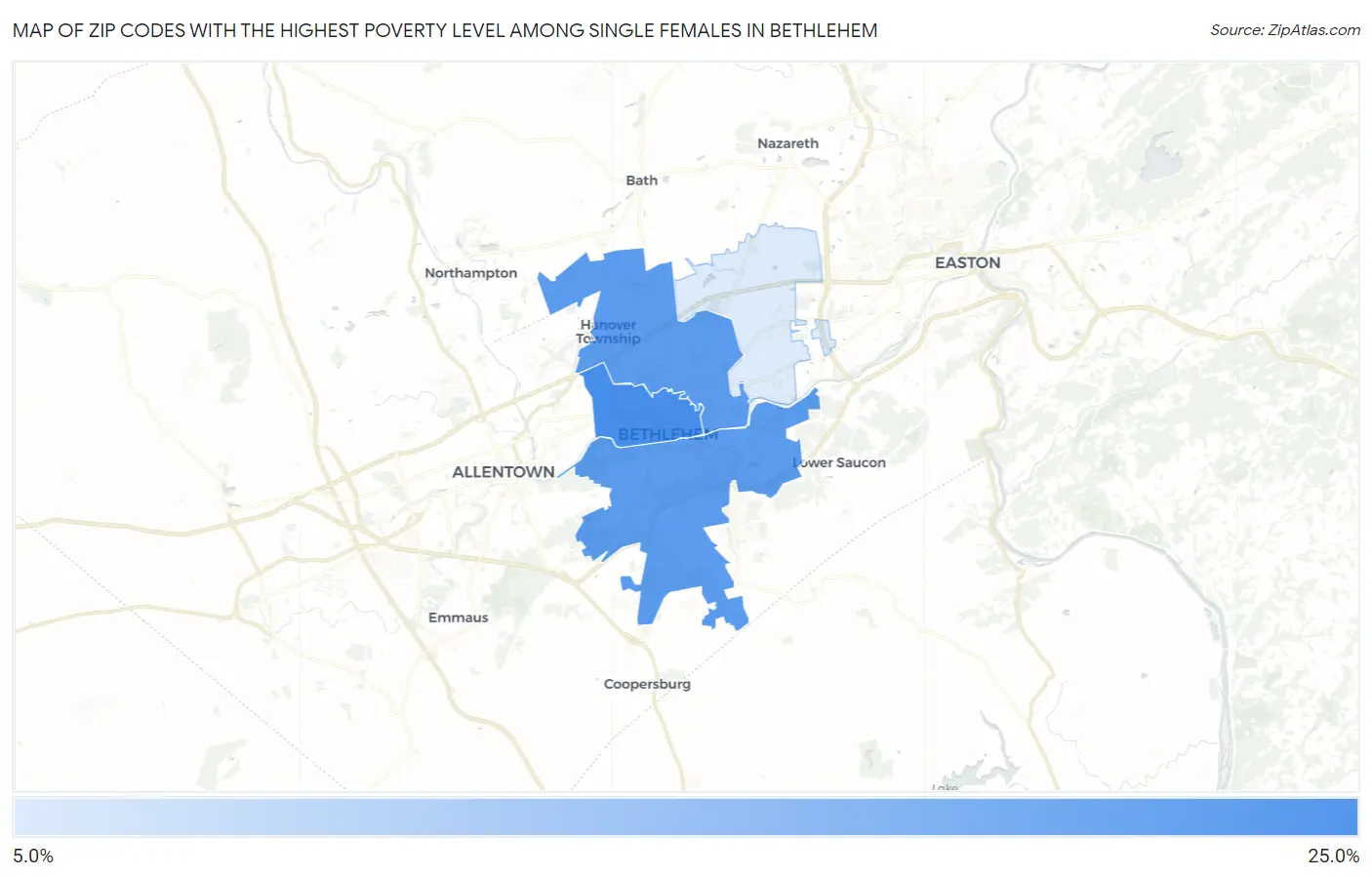 Zip Codes with the Highest Poverty Level Among Single Females in Bethlehem Map
