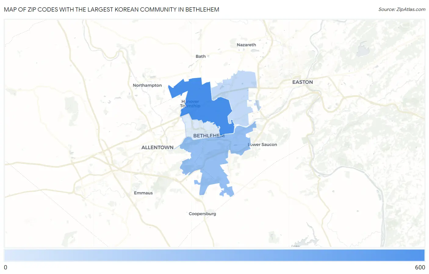 Zip Codes with the Largest Korean Community in Bethlehem Map